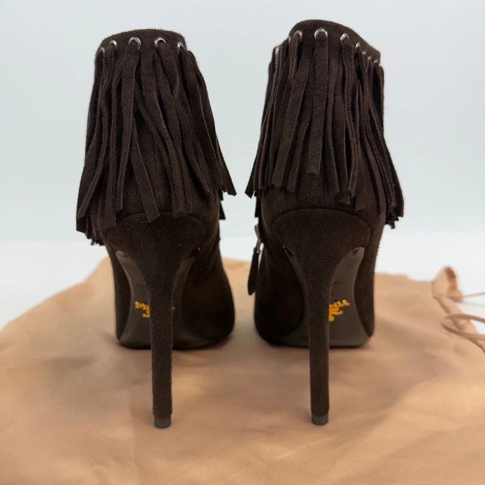 Prada Fringe Peep Toe Booties‎ Women's 35 Brown Suede Stiletto Ankle Heels